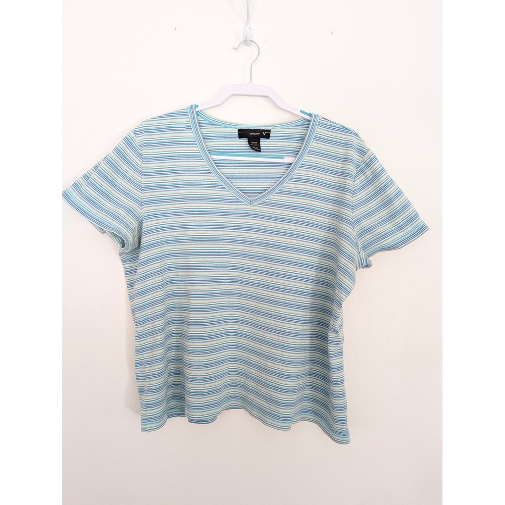 Venezia Womens V-Neck Striped T-Shirt‎ Blue Green Purple 100% Cotton Size 18/20